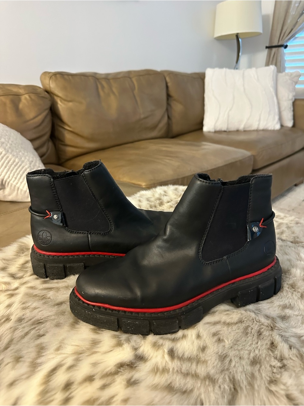 Rieker Black Genuine Leather Chelsea Boots with Red Trim